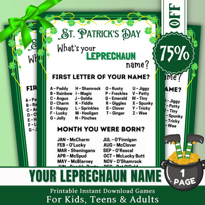 What's Your Leprechaun name St Patricks Day Games, Leprechaun name tag game, Leprechaun name board sign, Lucky Shamrock Game | Printable PDF