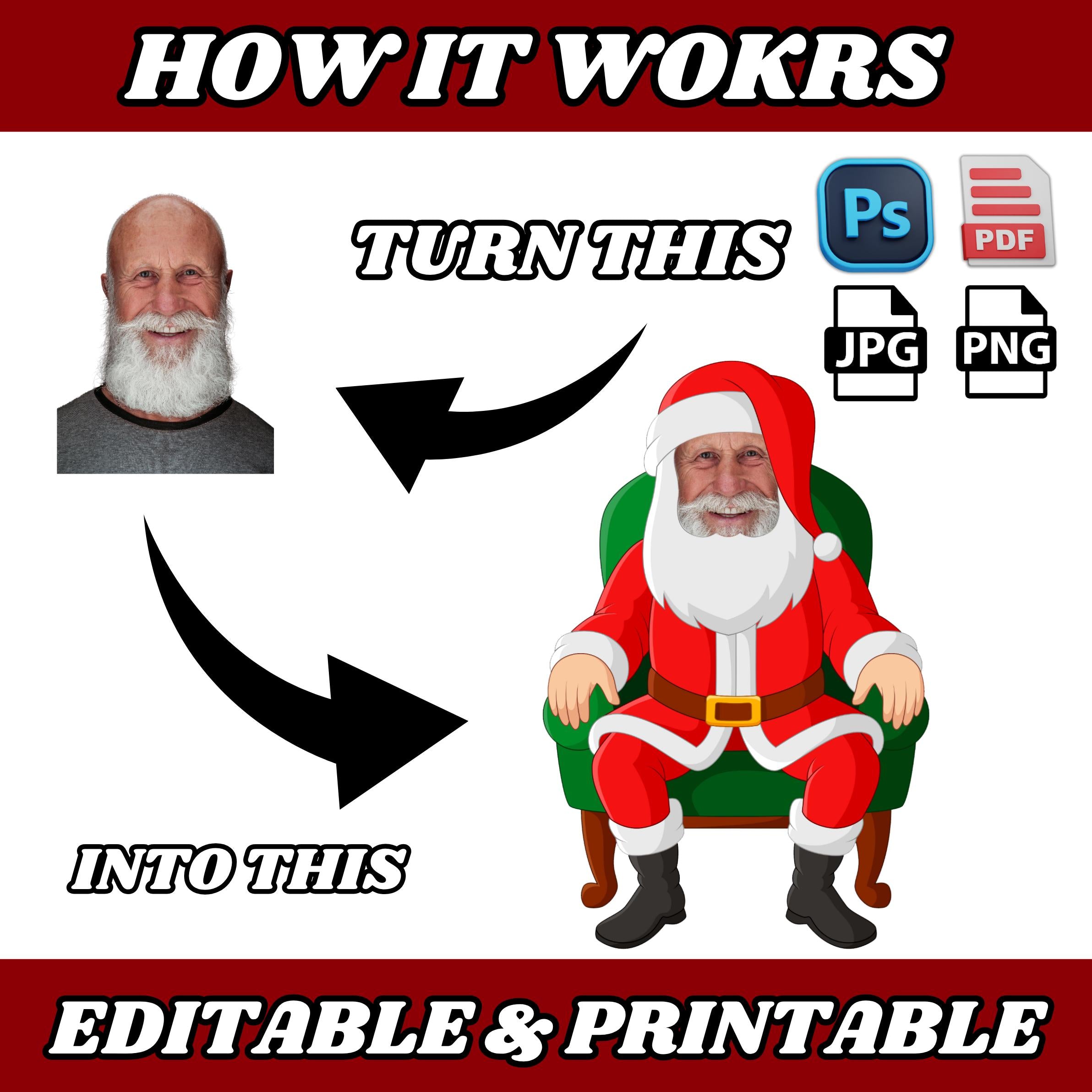 Add Your Own Face Santa Bundle, 150+ Editable Clipart (png, jpg, psd, PDF), Christmas Templates, Photo Props for DIY Crafts, Stickers, Cards