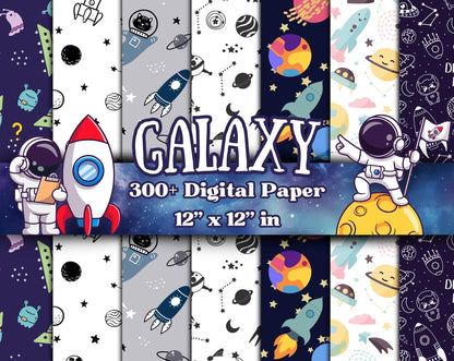 Galaxy & Space Digital Paper Bundle – 300+ Seamless 12x12 Patterns, Astronaut/Rocket/Planet Backgrounds for Scrapbooking, Invites and Crafts