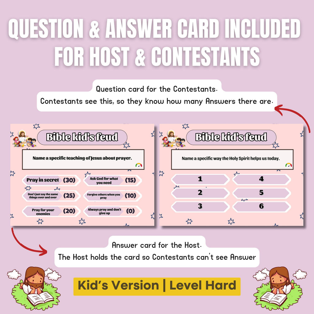 Bible Family Feud Hard Level Game for Kids – 100+ Printable Bible Trivia Cards | Christian Sunday School | Church Activity | A4 & US Letter