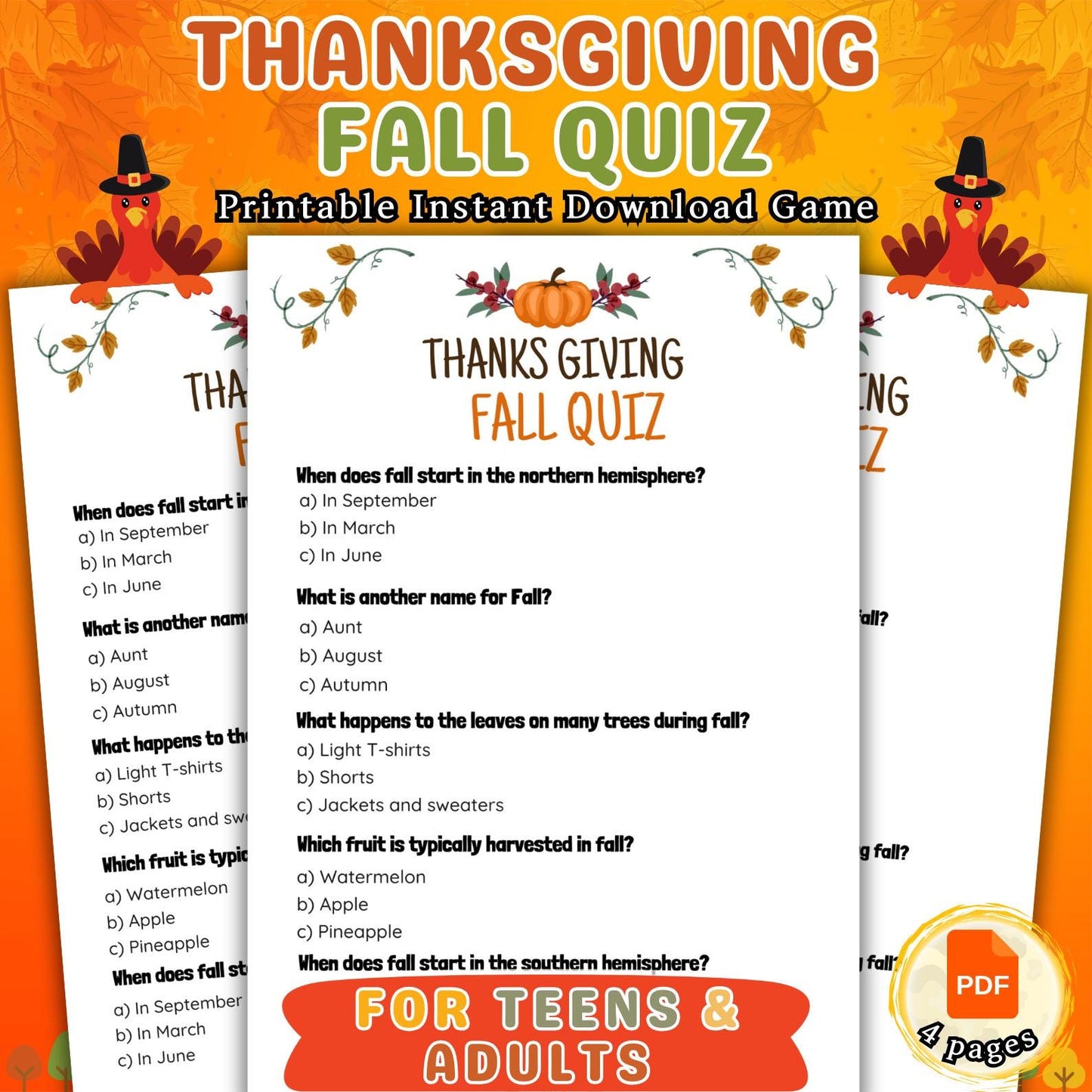 Fall Trivia Game, Autumn Trivia Quiz, Fall Printable Game, Fall Party Game For Kids & Adults, Autumn Activity Fall Classroom Activit