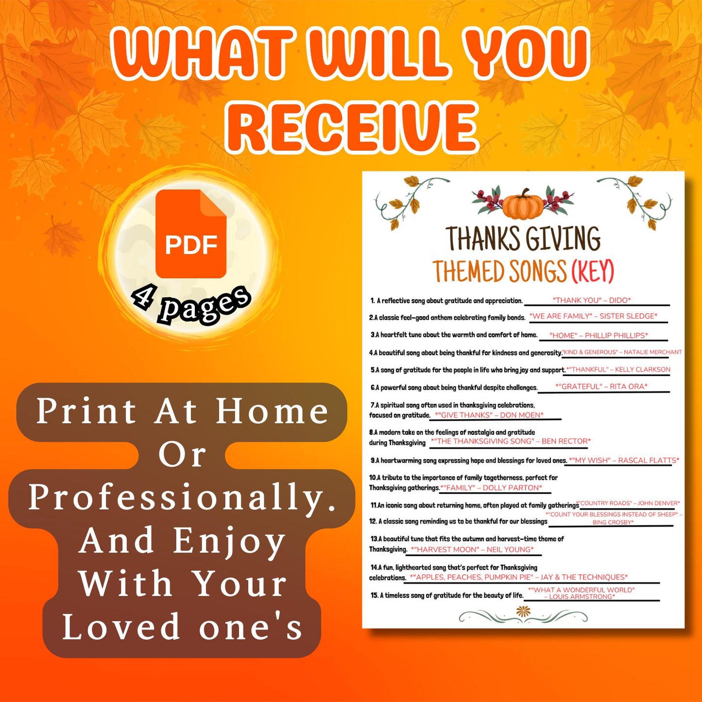 Thanksgiving Themed Songs, Printable Songs Game, Fun Songs Game, Group Game Night, Party Activity, Office Fun Games, Games For Kids & Adults