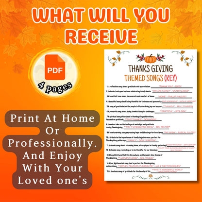 Thanksgiving Themed Songs, Printable Songs Game, Fun Songs Game, Group Game Night, Party Activity, Office Fun Games, Games For Kids & Adults