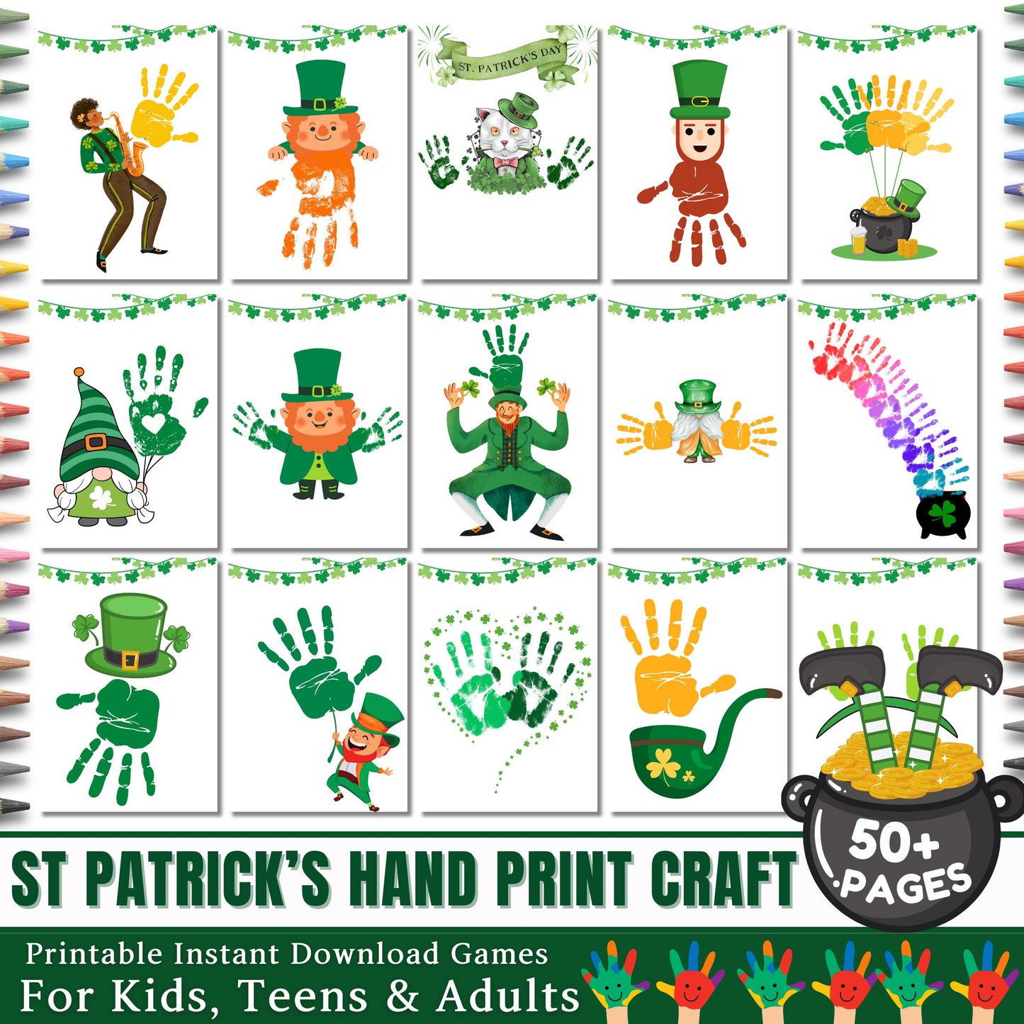 St Patricks Day Mega Bundle, Add Your Face, Friendly Feud, 5 Sec & Taboo Word Game, 60+ Games, 250+ Digital Paper, Handprint, Coloring Pages