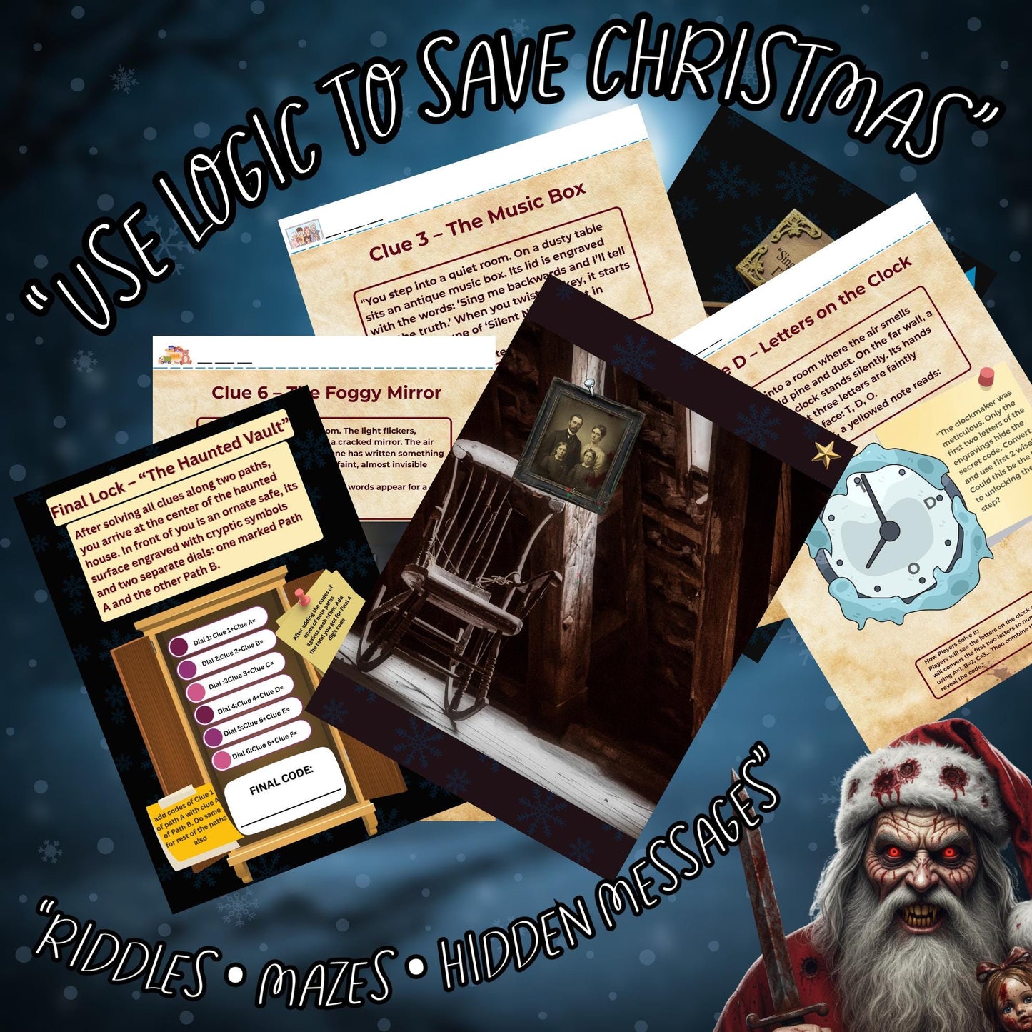 Printable Spooky Christmas Escape Room Game | Haunted Holiday Mystery Puzzle | DIY for 1–6 Players – Fun Family Activity – No Locks Needed