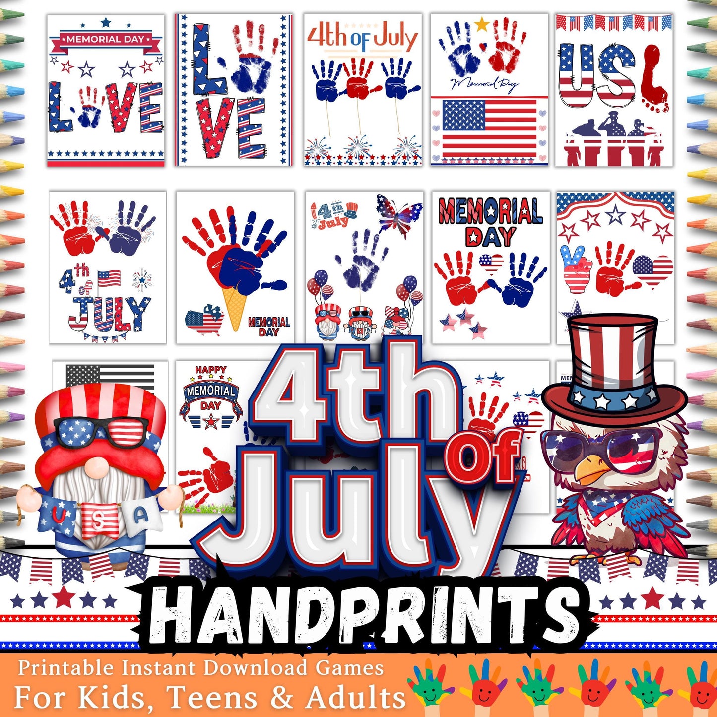 4th July Alphabet Handprint Art Bundle, Patriotic Letter Craft for Preschool | Kindergarten, Red White & Blue ABC Keepsake, Independence Day