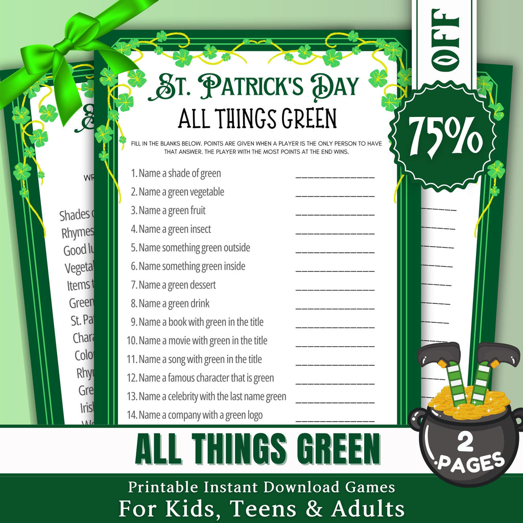 All Things Green St. Patrick's Day Game | Fun Irish Trivia & Word Challenge | St. Paddy's Party Game | Kids and Adults Printable Activity