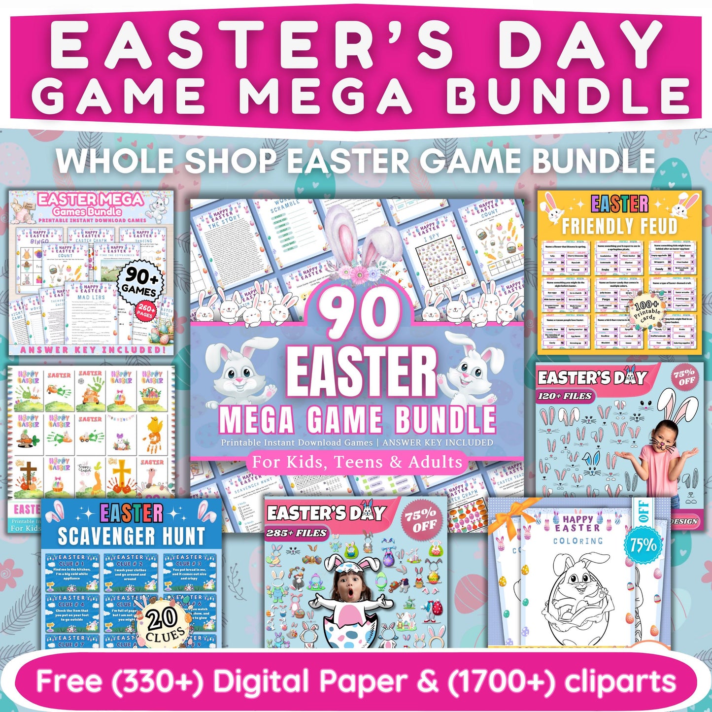 Easter Mega Bundle, Games | Activities, Fun Party for Kids & Adults, Scavenger Hunt, Friendly Feud, Coloring Pages, Clipart | Digital Paper