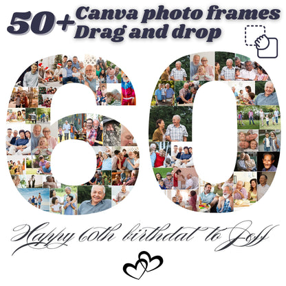 Personalized 60th Birthday Photo Collage, 60th Birthday Gift for Him, Her, Mom, Dad, Grandma & Grandpa, Memorable Family Keepsake Canva Edit