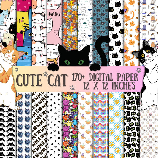 Cute Cat Digital Paper Bundle 12x12, 170+ Seamless Kawaii Cat & Paw Print Patterns, Scrapbook Paper, Printable Backgrounds, Instant Download