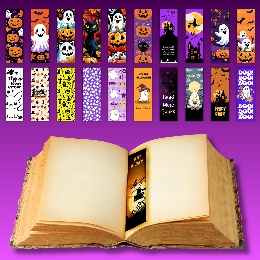 140 Halloween Bookmark PNG Bundle – 2x6” Printable Spooky Bookmarks for Kids & Adults, Ghost Pumpkin Cat Witch Designs, Instant Download