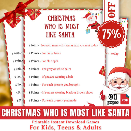 Who Is most Like Santa Game, Christmas Festive Printable Santa Game For Kids & Adults, Christmas Party Game, Family And Office Party Fun