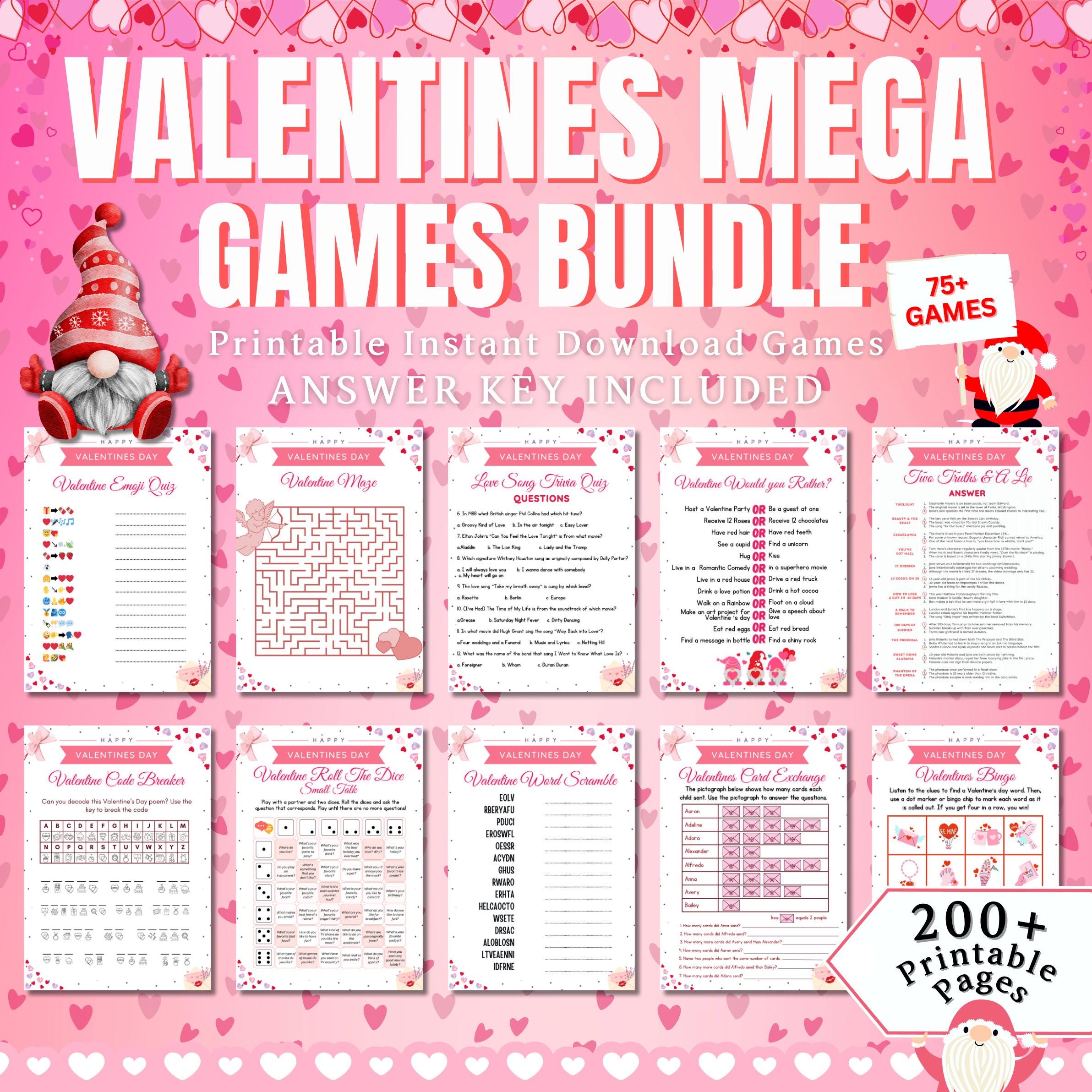 200+ Pages Valentines Day Games Bundle | 75+ Fun Valentine’s Printable Games for Kids & Adults Party Games, Emoji Game, Classroom Activities