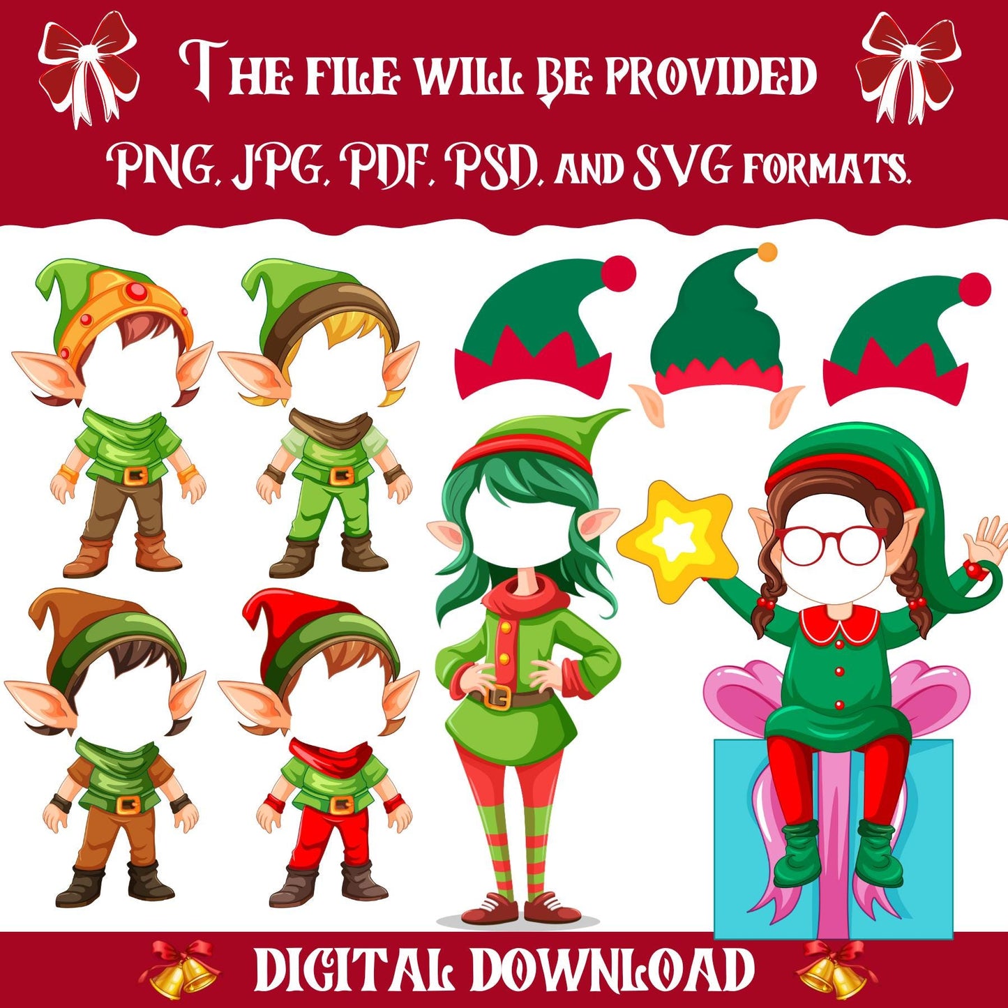 50+ Christmas Add Your Own Photo Face, DIY Elf Yourself PNG Bundle, Elf Face Blank, Christmas Craft for Kids, Xmas Decor Craft, Perfect Fun