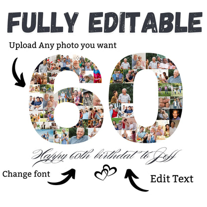 Personalized 60th Birthday Photo Collage, 60th Birthday Gift for Him, Her, Mom, Dad, Grandma & Grandpa, Memorable Family Keepsake Canva Edit