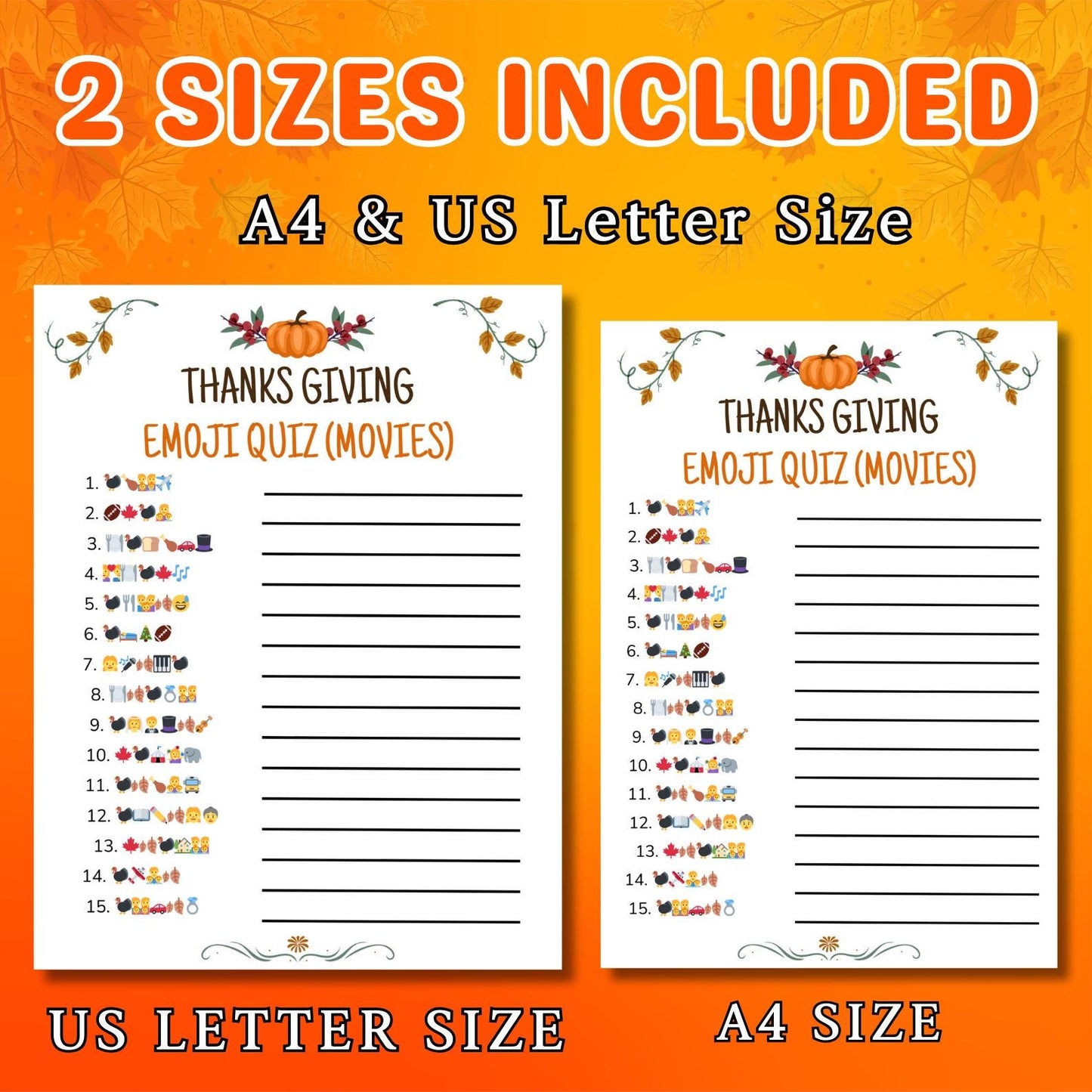 Thanksgiving Emoji Game, Printable Thanksgiving Game For Kids Adults Family Dinner Table Activity, Fun Party Trivia, Friendsgiving Game Pdf