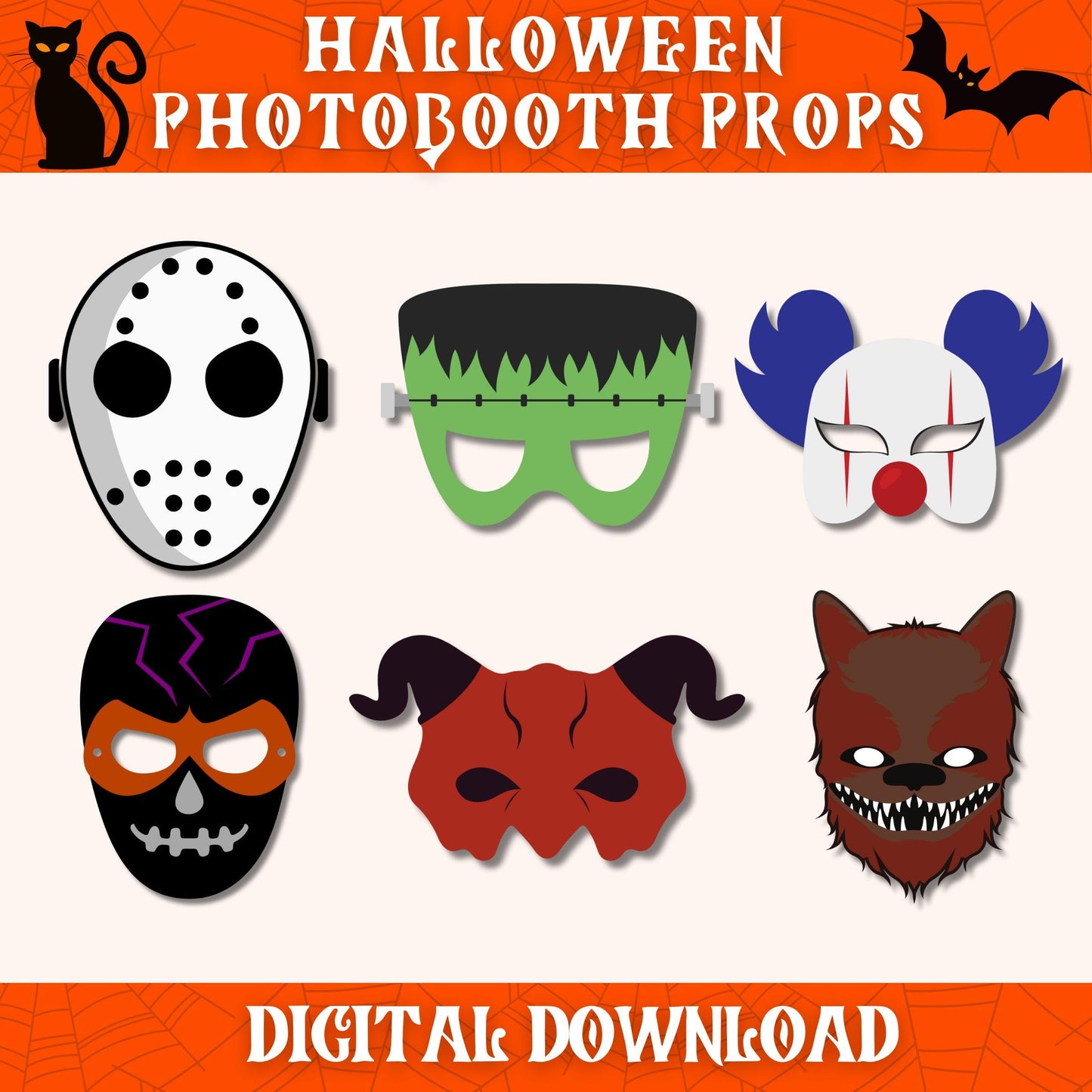 Halloween Photo Booth Props Pack | 90+ Printable Costume Masks & Party Decor | Funny Spooky Cutouts for Kids and Adults | Digital Download