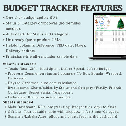 Google Sheets Christmas Gift Tracker Template – Budget, Gifts & Delivery Dashboard, Digital Download