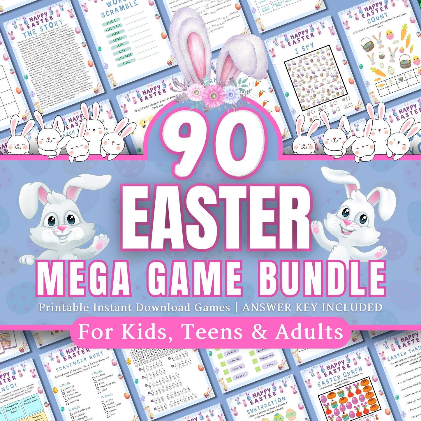 Easter Mega Bundle | 90+ Printable Games | Activities | Scavenger Hunt, Friendly Feud, Coloring, Clipart & Digital Paper | Instant Download