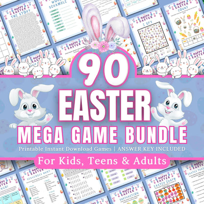Easter Mega Bundle | 90+ Printable Games | Activities | Scavenger Hunt, Friendly Feud, Coloring, Clipart & Digital Paper | Instant Download