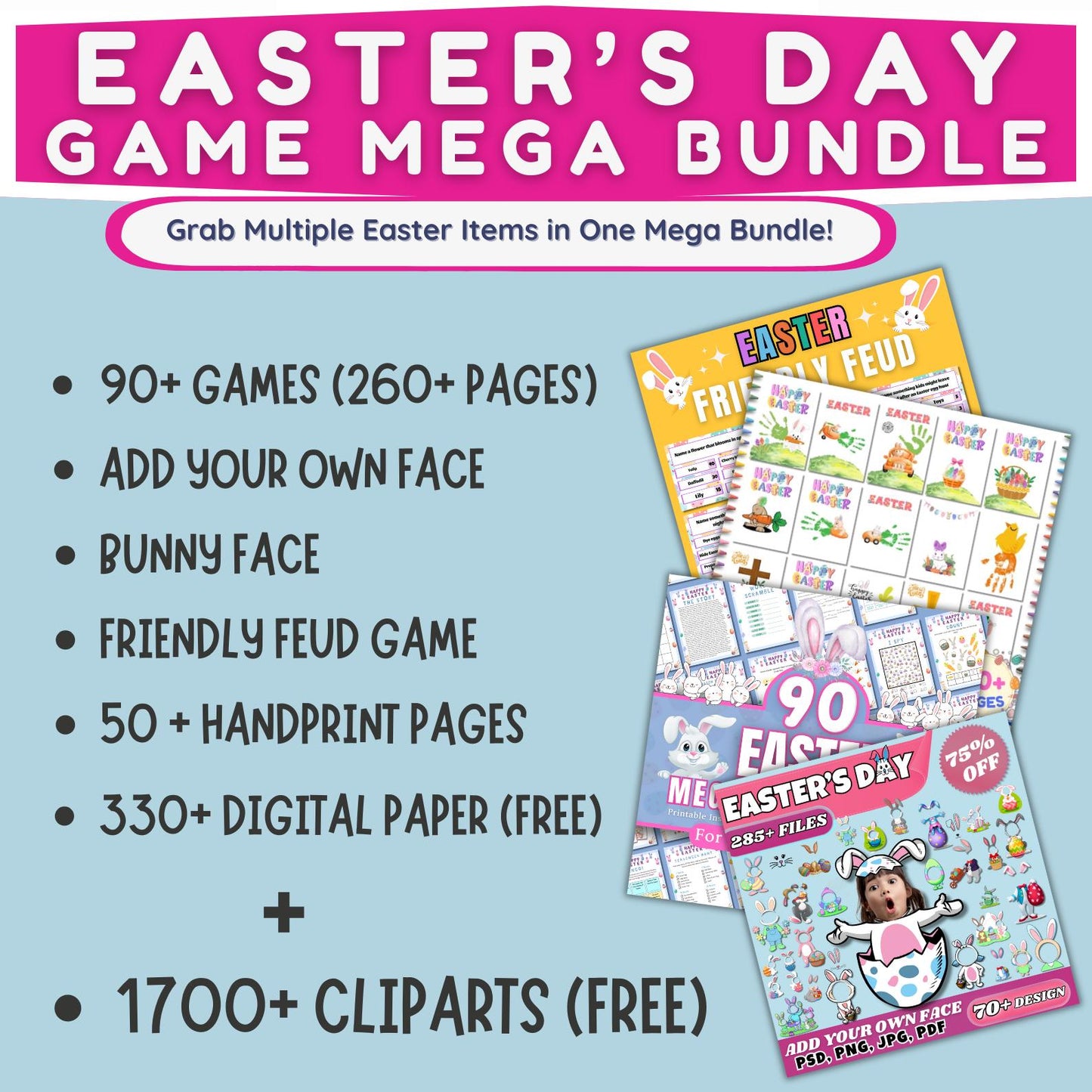 Easter Mega Bundle | 90+ Printable Games | Activities | Scavenger Hunt, Friendly Feud, Coloring, Clipart & Digital Paper | Instant Download