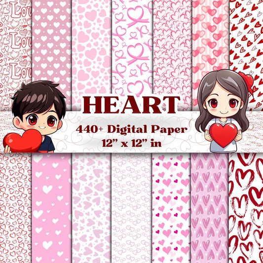 Heart Digital Paper Mega Pack – 440+ Seamless 12x12 Valentine Backgrounds, Pink/Red Love Patterns for Scrapbooking, Invitations & Crafts