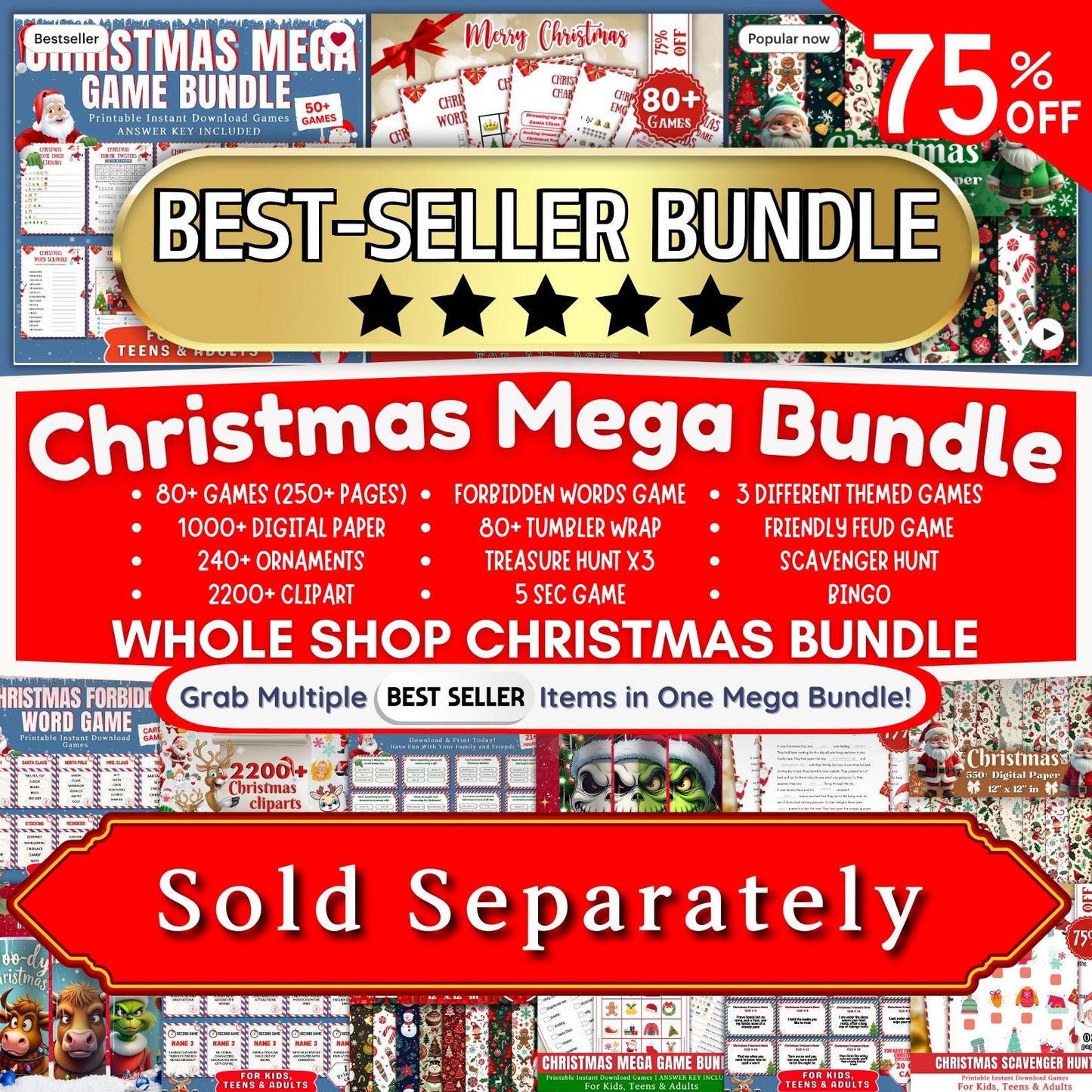 Christmas Game Mega Bundle PLR MRR | 50+ Printable Games for Kids & Adults | Bingo, Mad Libs, Scavenger Hunt | Fun Holiday Party Kit