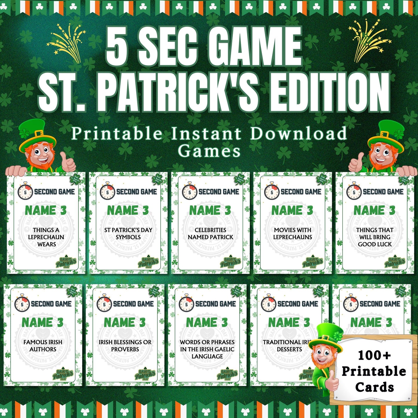 St. Patrick's Day 5 Second Challenge Game | 100+ Quick-Thinking Cards | Fun Party Game for Kids, Adults & Families, St. Paddy's Day Activity