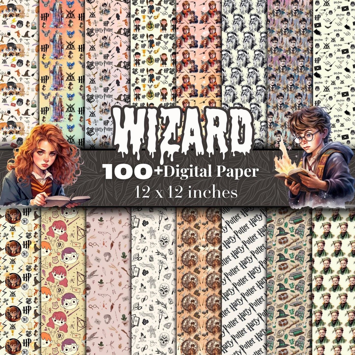Wizard School Digital Paper Bundle – 100+ Seamless 12x12 Magic Patterns, Owls/Wands/Spells Backgrounds for Scrapbooking, Invites & Crafts