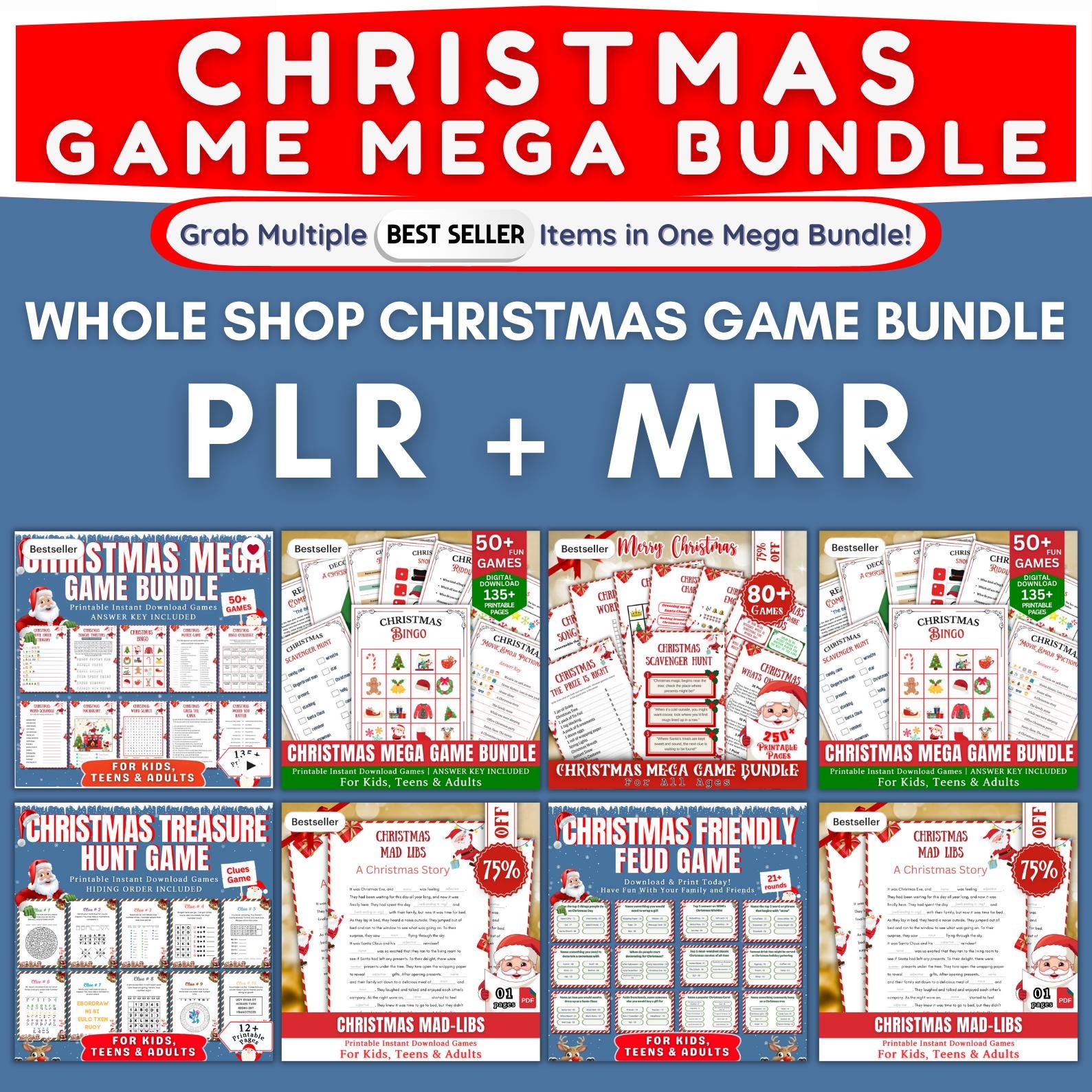 Christmas Game Mega Bundle PLR MRR | 50+ Printable Games for Kids & Adults | Bingo, Mad Libs, Scavenger Hunt | Fun Holiday Party Kit