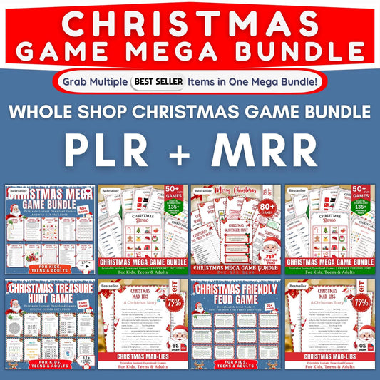 Christmas Game Mega Bundle PLR MRR | 50+ Printable Games for Kids & Adults | Bingo, Mad Libs, Scavenger Hunt | Fun Holiday Party Kit