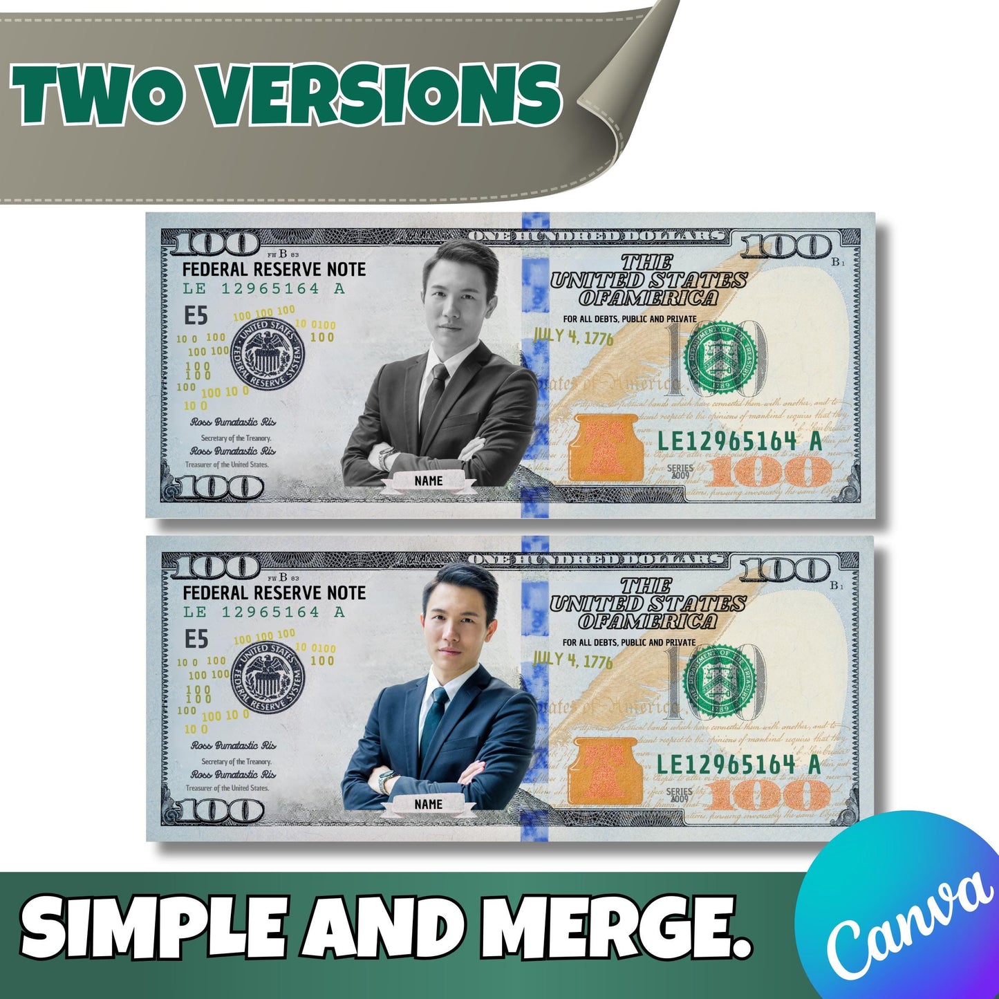 Personalized Dollar Bill Canva Template – Custom 100 Editable Money with Your Photo, Name & Text | Funny Gift, Party Prop, Instant Download