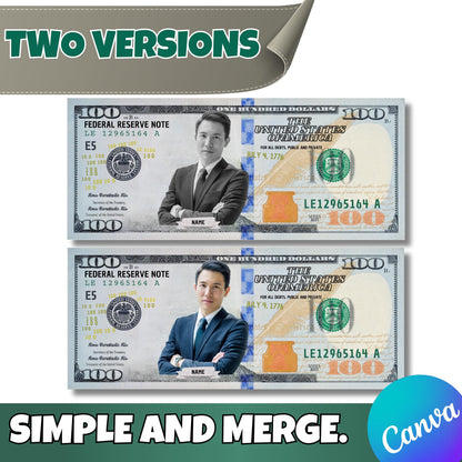 Personalized Dollar Bill Canva Template – Custom 100 Editable Money with Your Photo, Name & Text | Funny Gift, Party Prop, Instant Download