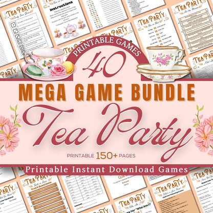 Tea Party Games Bundle | 40+ Fun Printable Activities for Bridal Shower, Baby Shower, Birthday, Mother's Day & Kids Party | Office Party Fun