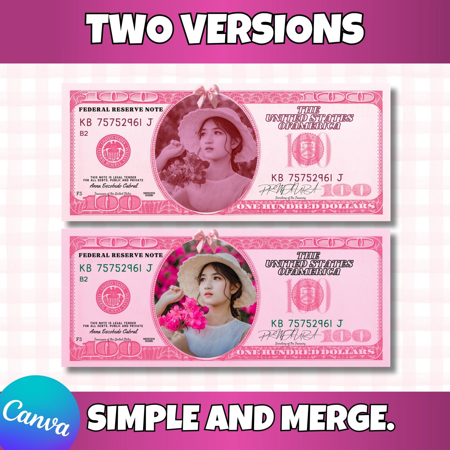 Personalized Pink 100 Dollar Bill Canva Template – Add Your Face – Editable Printable Prop Money, Both Sides, Party Favor | Instant Download