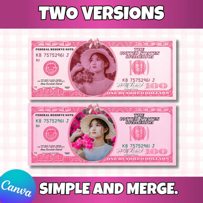 Personalized Pink 100 Dollar Bill Canva Template – Add Your Face – Editable Printable Prop Money, Both Sides, Party Favor | Instant Download