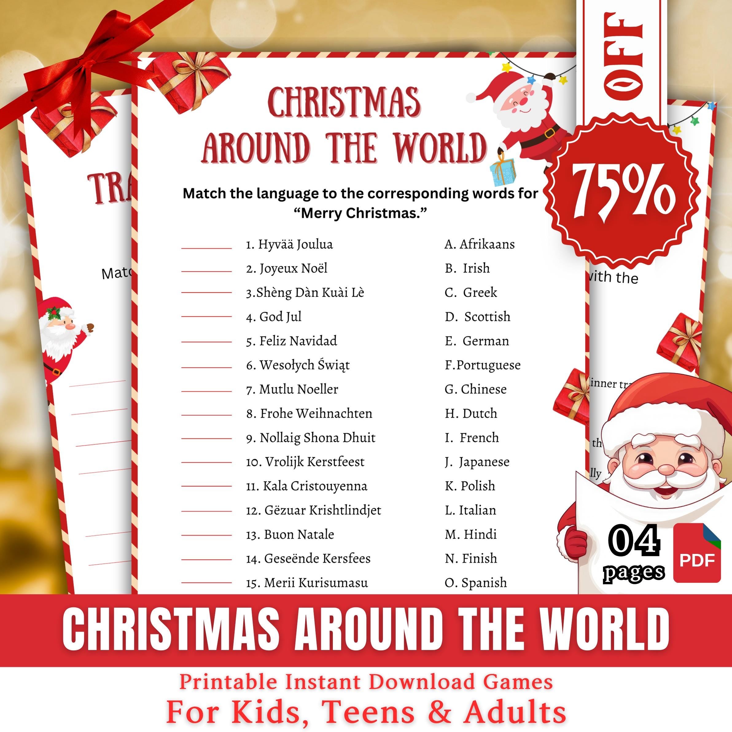 Christmas Around The World Game, Christmas Printable Game For Kids & Adults, Christmas Family And Office Party Game, Christmas Trivia Game