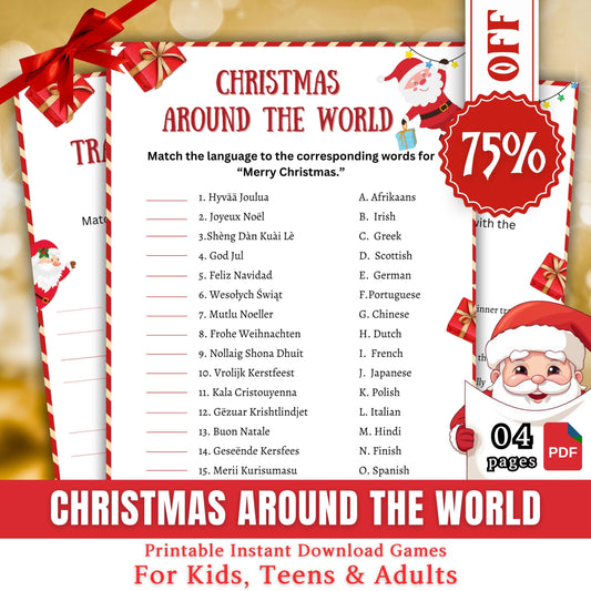Christmas Around The World Game, Christmas Printable Game For Kids & Adults, Christmas Family And Office Party Game, Christmas Trivia Game