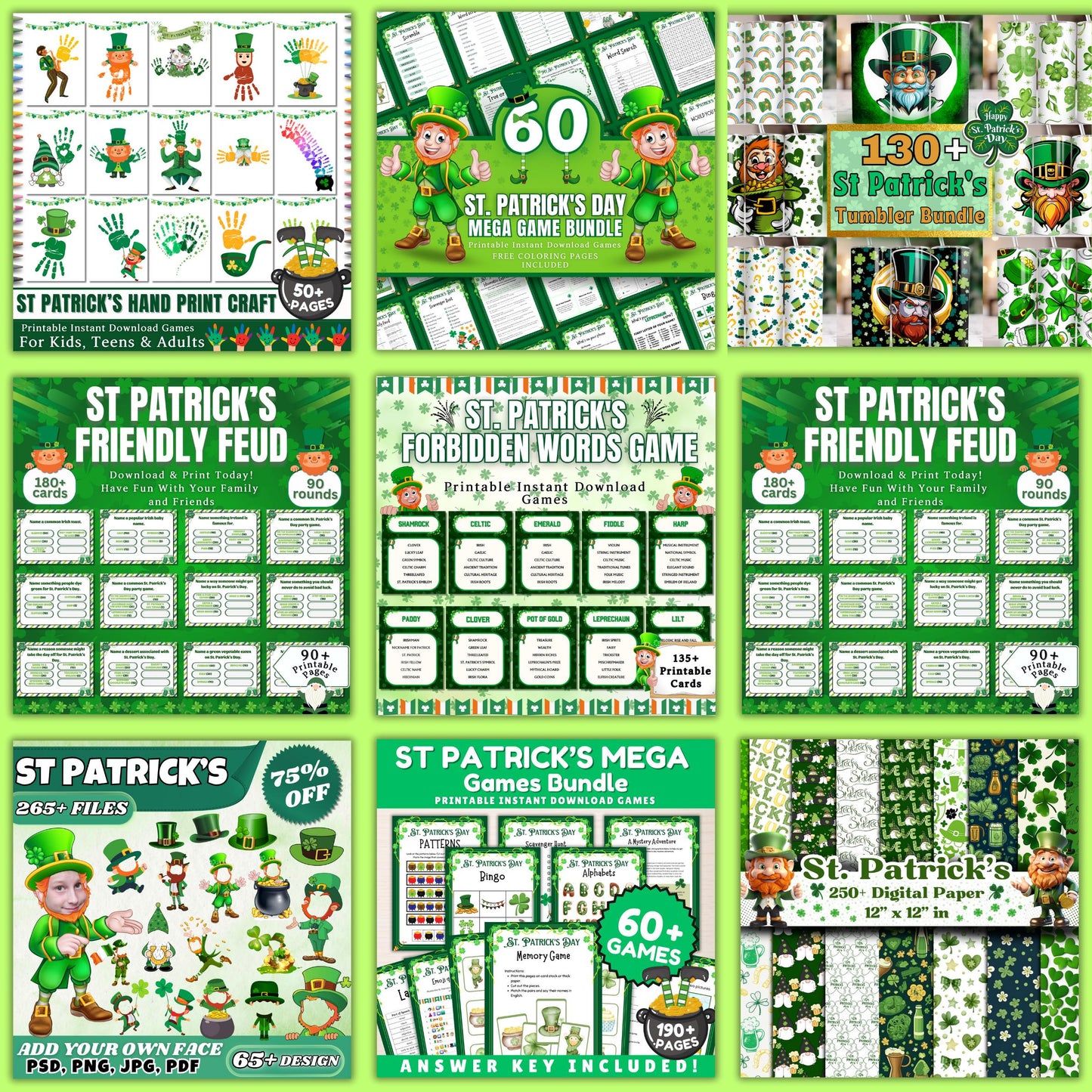 St Patricks Day Mega Bundle, Add Your Face, Friendly Feud, 5 Sec & Taboo Word Game, 60+ Games, 250+ Digital Paper, Handprint, Coloring Pages