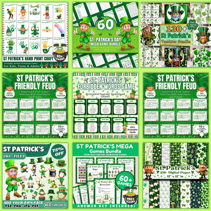 St Patricks Day Mega Bundle, Add Your Face, Friendly Feud, 5 Sec & Taboo Word Game, 60+ Games, 250+ Digital Paper, Handprint, Coloring Pages