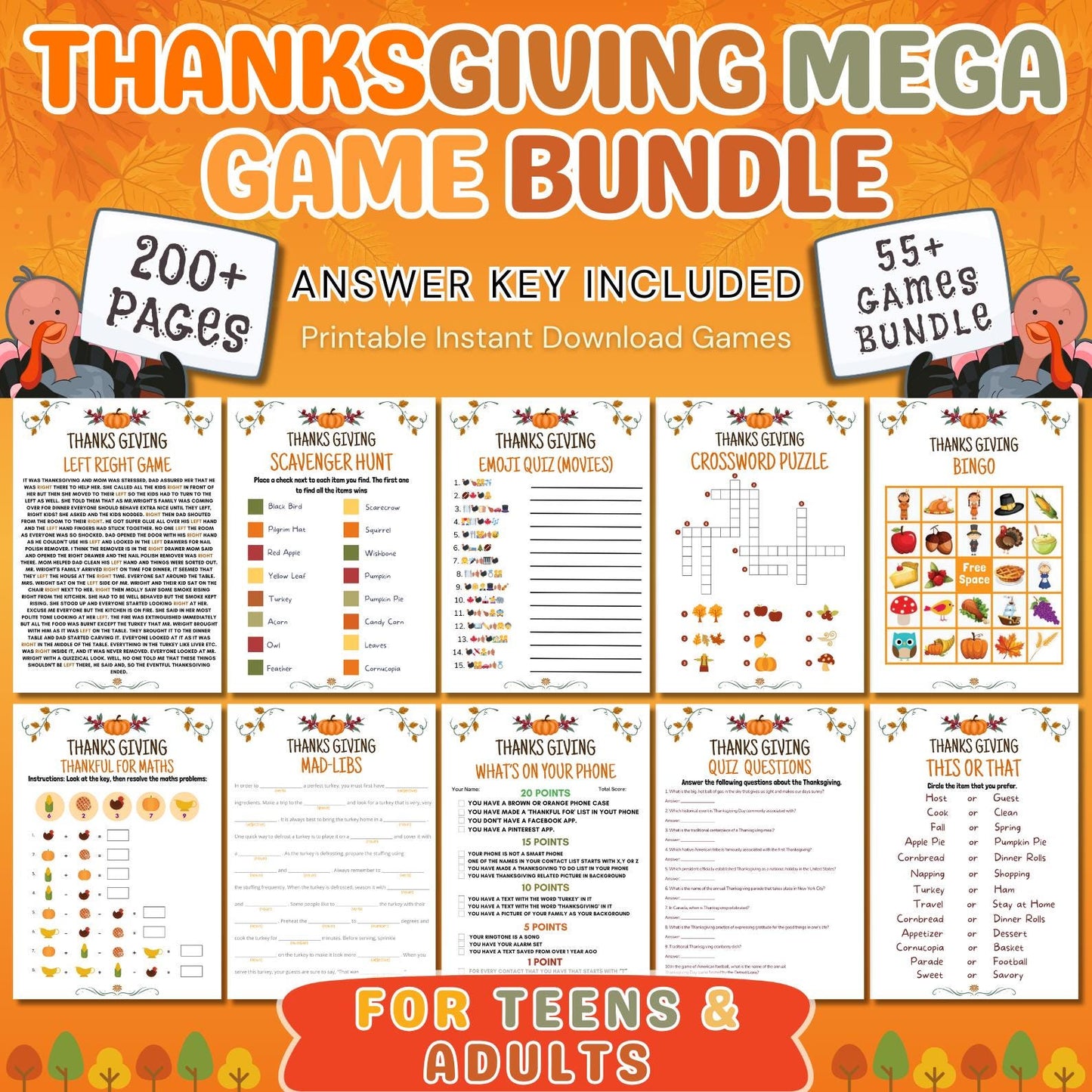 Thanksgiving Mega Game Bundle | 200+ Printable Pages | Activities for Kids and Adults | Trivia, Riddles, and Party Games | Fall Celebration