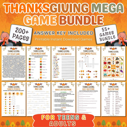 Thanksgiving Mega Game Bundle | 200+ Printable Pages | Activities for Kids and Adults | Trivia, Riddles, and Party Games | Fall Celebration
