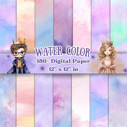 Pastel Watercolor Digital Paper Pack 180+ Seamless 12x12 Backgrounds, 300 DPI Textures for Scrapbooking, Invitations, Sublimation & Crafts