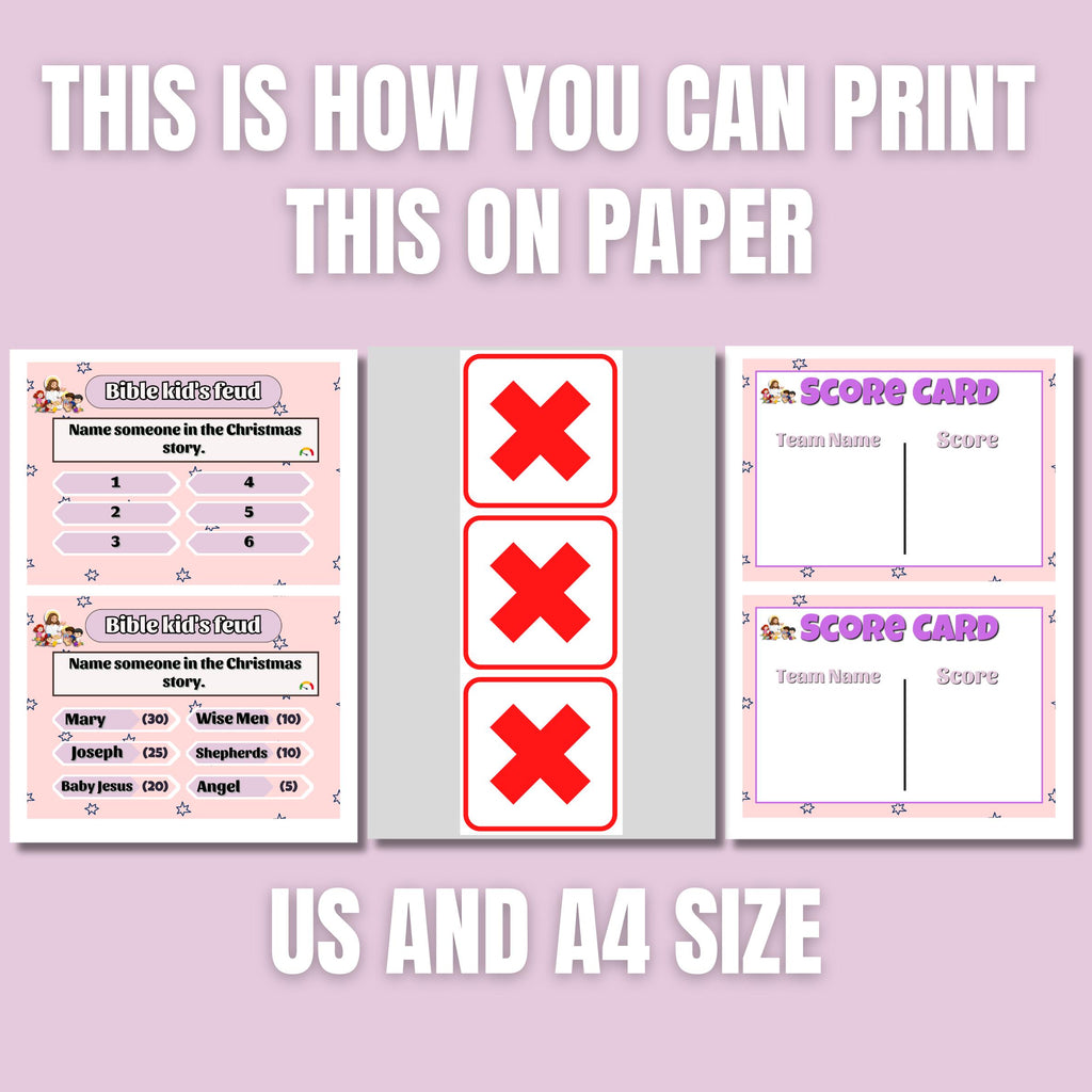 Bible Family Feud Game for Kids – Easy Level | 100+ Printable Bible Trivia Cards for Sunday School, Church | Homeschool | A4 & US Sizes PDF