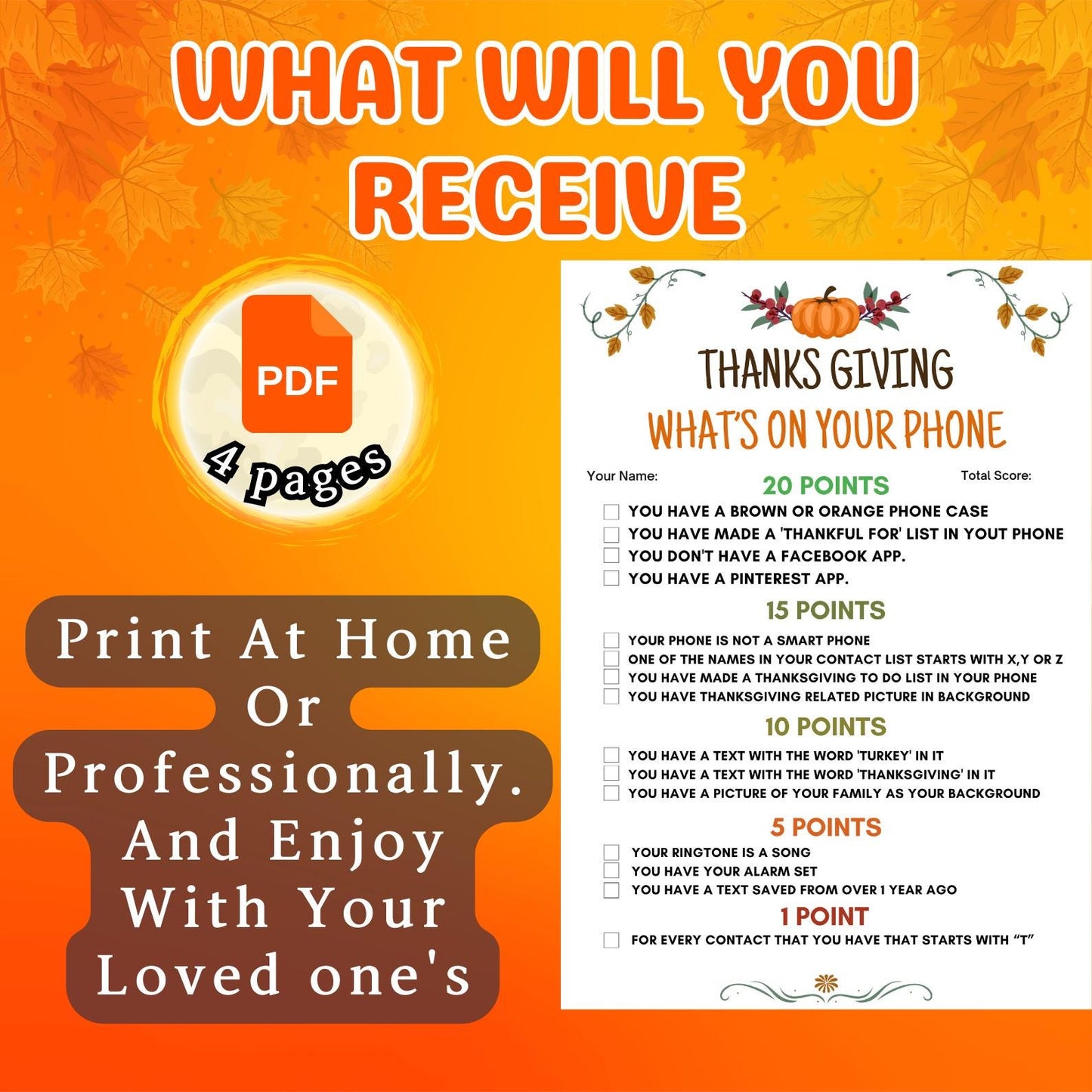 Thanksgiving What's On Your Phone Game, Friendsgiving Printable Game, Fall Group Game For Kids, Teens & Adults, Office Party Game Pdf
