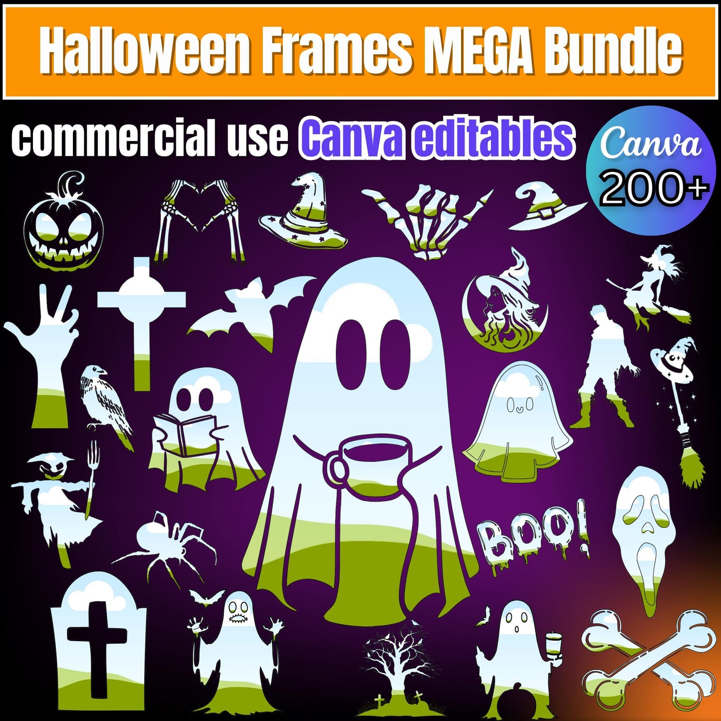 Halloween Frames MEGA Bundle | 200+ Editable Canva Frames | Spooky Ghost, Witch, Skeleton | Drag & Drop PNG Canva Frames | Commercial Use