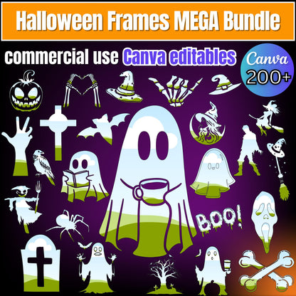 Halloween Frames MEGA Bundle | 200+ Editable Canva Frames | Spooky Ghost, Witch, Skeleton | Drag & Drop PNG Canva Frames | Commercial Use