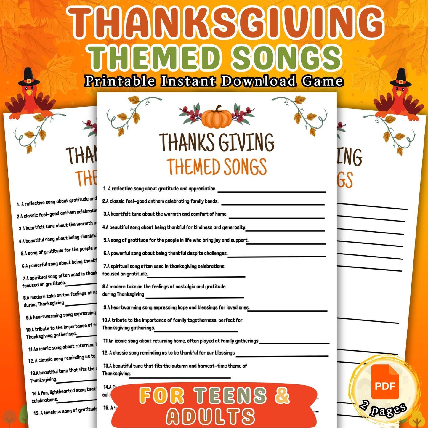 Thanksgiving Themed Songs, Printable Songs Game, Fun Songs Game, Group Game Night, Party Activity, Office Fun Games, Games For Kids & Adults