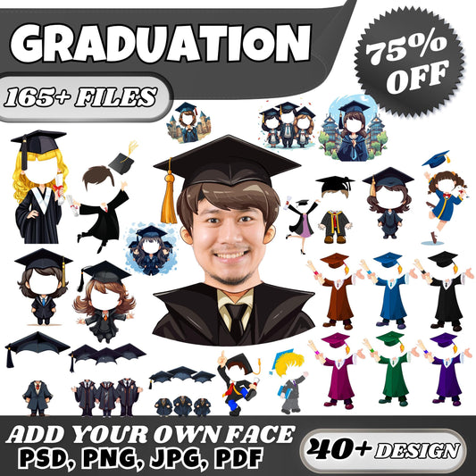 150+ Graduation Add Your Own Photo PNG Bundle, DIY Graduate Yourself, Cap & Gown Characters, Perfect for Kids Craft | Bulletin Board Decor