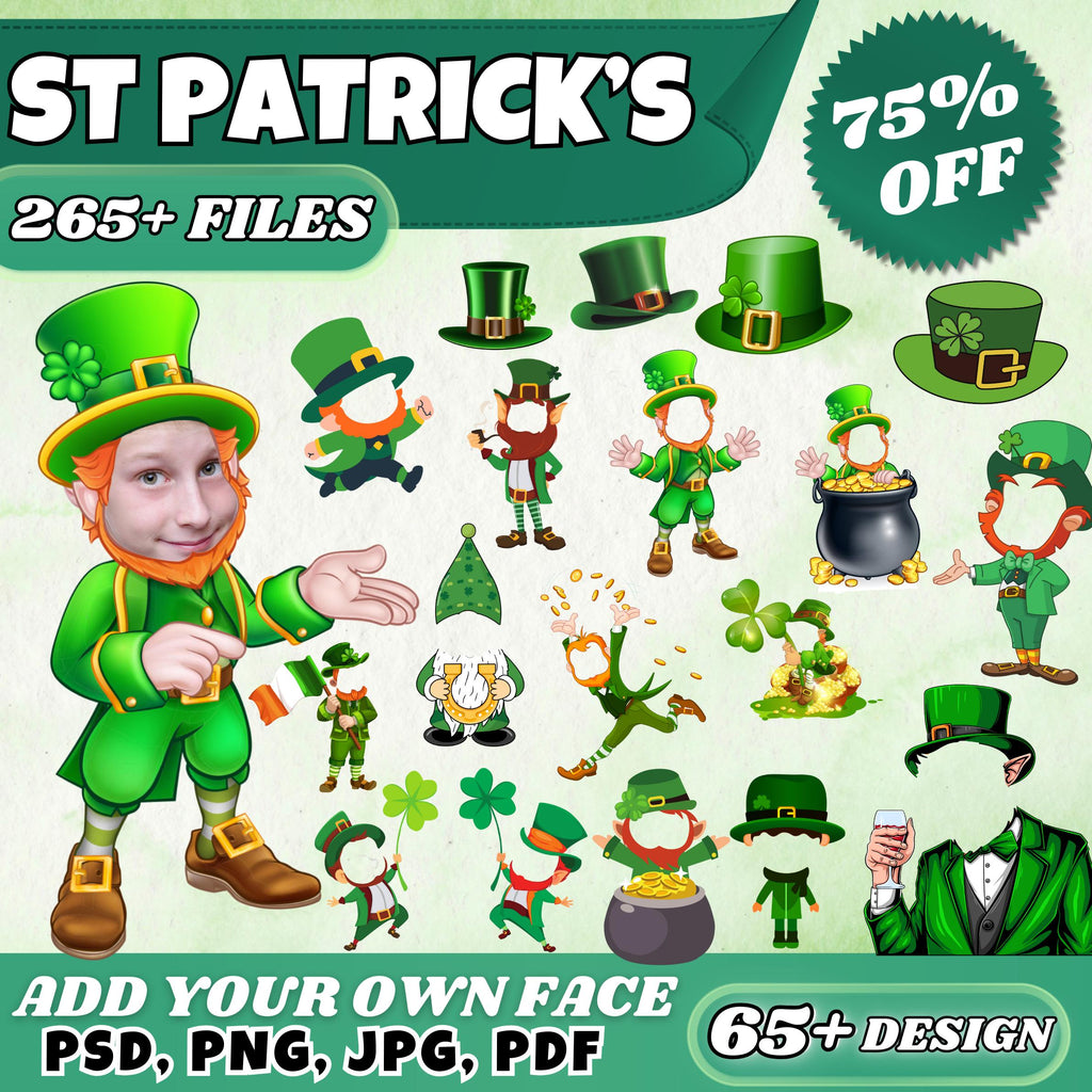 65+ St. Patrick’s Add Your Own Face PNG Bundle | DIY Leprechaun Face Cutouts | Fun St. Paddy’s Day Craft | Digital Download